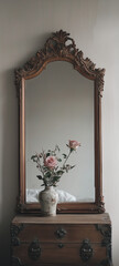 Vintage Antique Mirror and Chest with Floral Arrangement