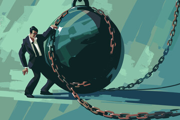 Businessman Chained to Metal Ball, Representing Financial Crisis and Burden in Business Environment