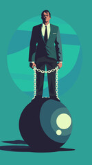 Businessman Chained to Metal Ball, Representing Financial Crisis and Burden in Business Environment