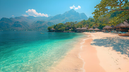 Naklejka premium Tropical beach resort, turquoise water, white sand, mountains in background. Perfect for vacation getaways
