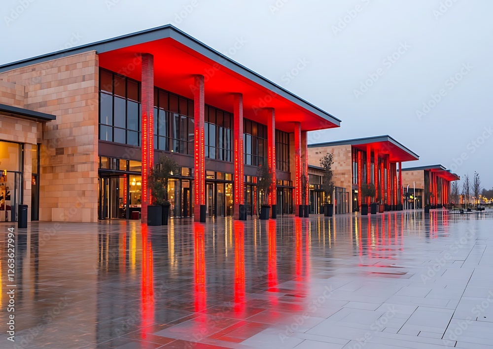 Wall mural Modern shopping center, red pillars, wet pavement, twilight