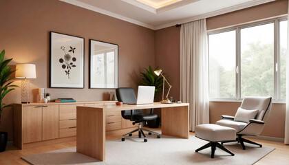 Interior of modern home office with wooden desk, chair and big window