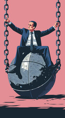 Businessman Chained to Metal Ball, Representing Financial Crisis and Burden in Business Environment
