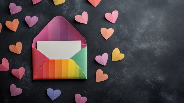 Vibrant minimalistic rainbow envelopes with heart confetti celebrating lgbtq+ valentine's day. LGBTQ+ valentines day and pride gratulations mockup