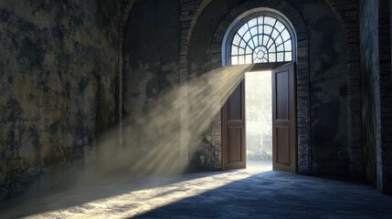 Fototapeta premium An open door leading to the universe, with colorful lights and bokeh effects all around. The light from inside shines through the door frame, creating an ethereal atmosphere.