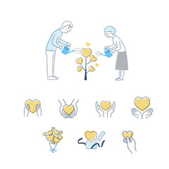 ハートの木に水をやる男女とハートのアイコン　セット