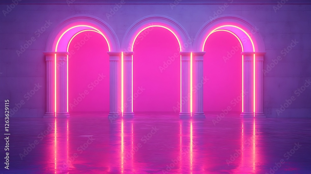 Poster Neon arches, columns, empty room, pink glow