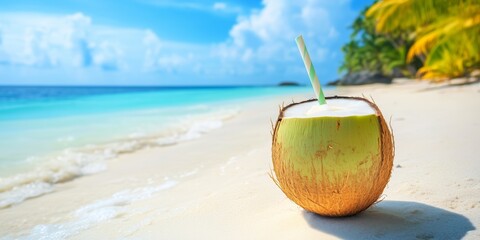 Fresh Coconut Drink on Tropical Beach
