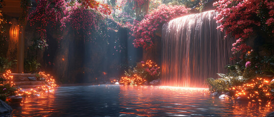 Fototapeta premium Explore a mystical secret underground garden featuring glowing plants and cascading waterfalls, perfect for fantasy themes, eco-friendly design projects, or nature-inspired art.