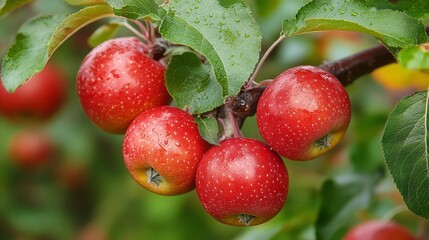 Obraz premium In a vibrant orchard, branches are laden with ripe red apples glistening with morning dew, showcasing the beauty of nature and the promise of a fruitful harvest in the fall.