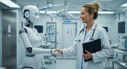 Woman doctor in white coat shakes hands with humanoid robot in modern hospital. Artificial intelligence technology in medicine. Healthcare innovation. Robotic assistant in medical facility.