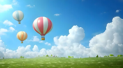 Naklejka premium Hot air balloons soar over idyllic green field, sunny sky, fluffy clouds; adventure travel imagery