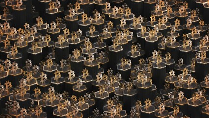 3D hexagonal Bitcoin network, gold and bronze cryptocurrency prisms with illuminated 