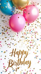 A festive arrangement of colorful balloons with shimmering confetti, capturing the joyful essence of a birthday celebration with vibrant colors and a cheerful atmosphere.