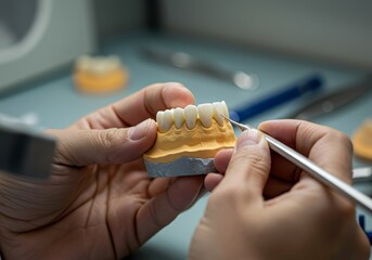 Dental technician or dentist fabricating a dental prosthesis (bridge or partial denture) in a laboratory.  prosthodontics, dental restorations, and dental lab work.