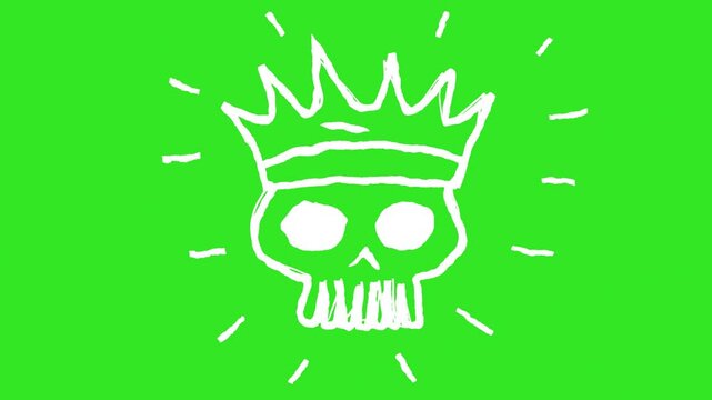 Scribble white skull wearing a simple crown on a black background, animated with dynamic lines. The bold contrast creates a striking and edgy effect.