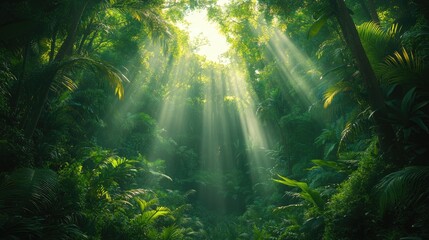 Obraz premium Sunlight streams through lush jungle canopy. Possible use for nature, travel, or environment themes