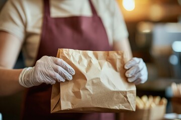 Worker in gloves holding a takeout bag in a busy restaurant kitchen