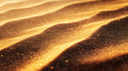 Naklejka premium A high-resolution close-up of golden sand dunes illuminated by sunlight creating natural wavy textures and a glowing desert landscape 