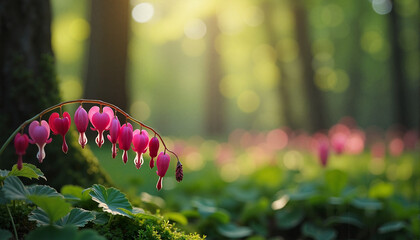 Bleeding heart flowers in woodland area, enchanting atmosphere, soft sunlight filtering through trees
