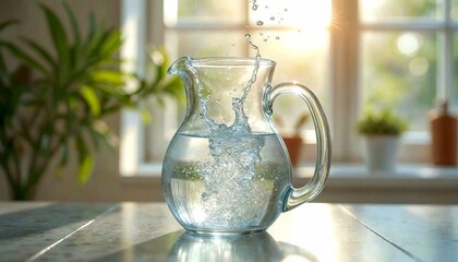 Sunlit water pitcher on wooden table with window view