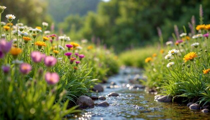 Obraz premium Stream Through Lush Forest with Colorful Flowers