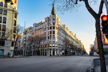 Crossroads of streets of great commercial activity in Madrid, Calle Goya and Calle Alcala, Spain.