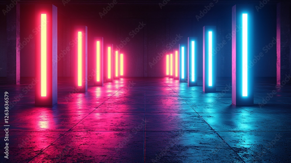 Poster neon lights illuminate a futuristic corridor; background is a dark, reflective floor. use sci-fi bac