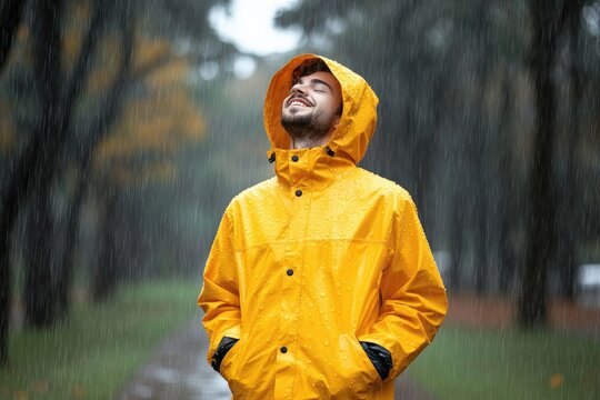 Man enjoying the rain while wearing a bright yellow raincoat