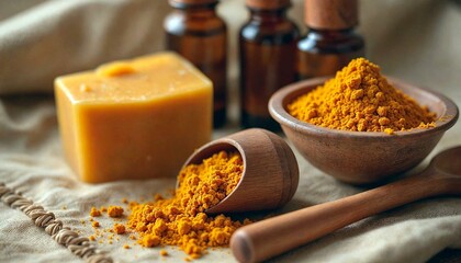 Wooden bowl with turmeric powder, spoon, and soap