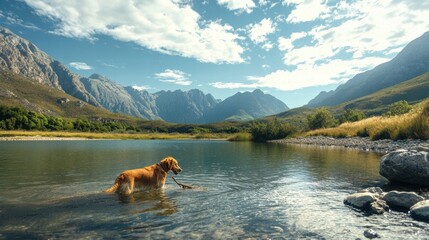 Golden Retriever Fetching a Stick in a Mountain Lake.