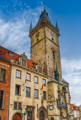 Prague, Prague, Czech Republic. Historic Marian Column with baroque statues and Gothic tower.