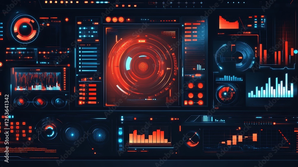 Fototapete Futuristic tech interface with red and blue glowing HUD elements, displaying various data charts and graphs.