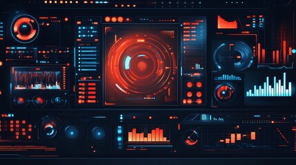 Futuristic tech interface with red and blue glowing HUD elements, displaying various data charts and graphs.