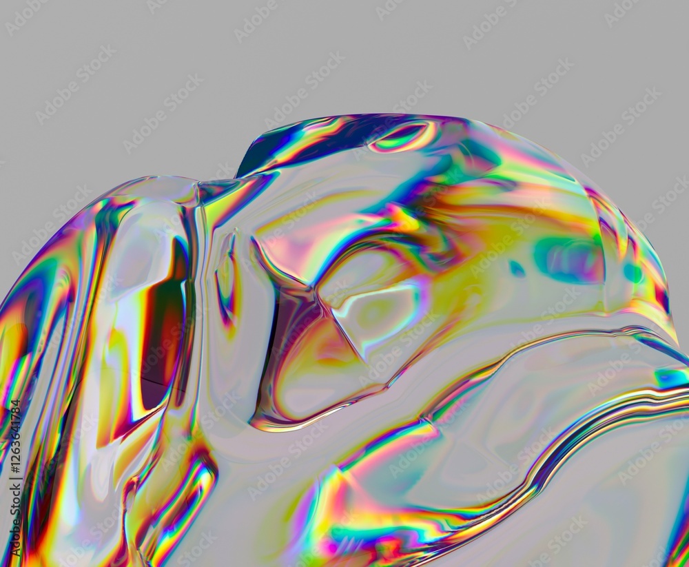 Aufkleber Abstract 3D render of a liquid form with iridescent, rainbow highlights. The glossy surface reflects light, creating a mesmerizing, fluid effect.