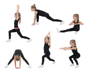 Little girl doing sport exercises on white background, collage