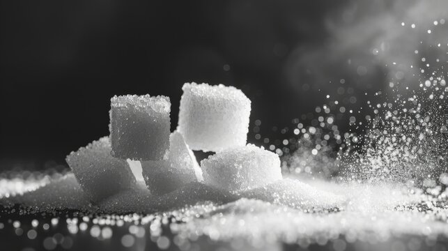 A visually striking black and white image that beautifully showcases sugar cubes resting on a soft bed of sugar