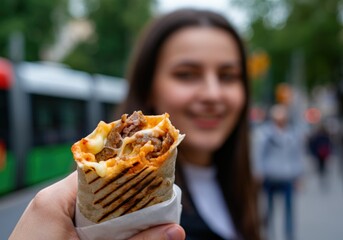 Delicious burrito held in hand with a smiling woman in the background