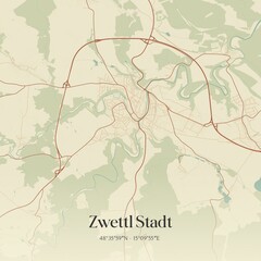 Vintage map of Zwettl Stadt, Austria.