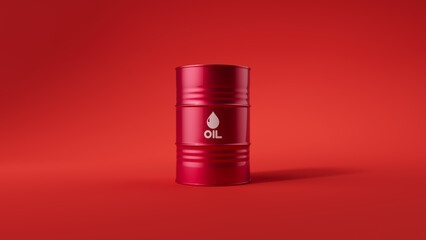 Single red metal oil barrel on red background. Front view. Oil industry concept. 3d render illustration