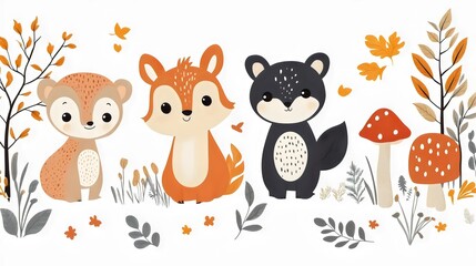 Naklejka premium A group of cartoon animals, including a bear, a rabbit, and a squirrel