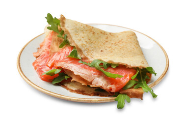 Delicious crepes with salmon and arugula isolated on white