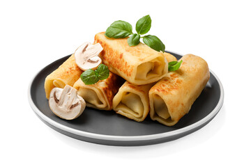 Delicious rolled crepes with mushrooms and basil isolated on white