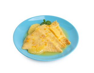 Plate with tasty crepes Suzette isolated on white