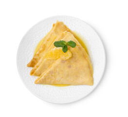 Plate with tasty crepes Suzette isolated on white, top view