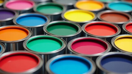 Fototapeta premium Colorful array of open paint cans in a grid