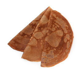 Delicious chocolate crepes isolated on white, top view