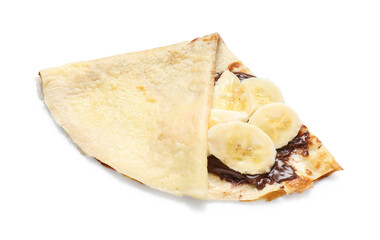 Delicious crepe with chocolate sauce and banana isolated on white, top view