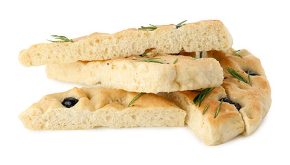 Slices of delicious focaccia bread with olives and rosemary isolated on white