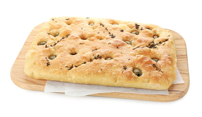 Delicious focaccia bread with olives and thyme isolated on white